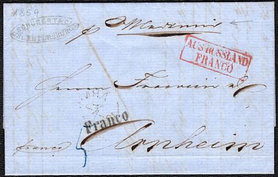 1859 г. Письмо из СПб в Арнхайм, Германия, через Берлин с пометкой из России "оплачено".