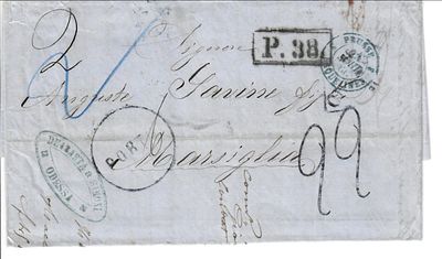 1866 г. Письмо из Одессы в Марсель, Фрпанция с отметкой красный штемпель Оплачен.