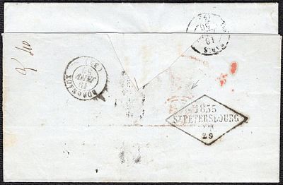 1855 г. Письмо из СПб через Париж в Бордо, Франция, с красным гашением из России.