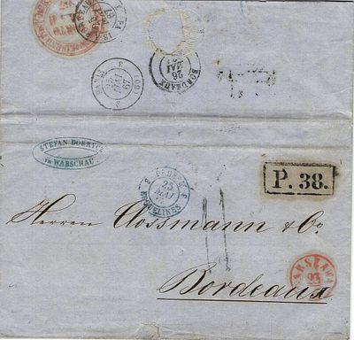 1867 г. Письмо из Варшавы в Бордо через Париж.