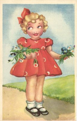 Юмористическая открытка "Дквочка с цветами"