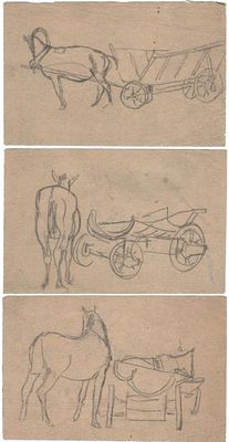 Александр Дейнека. Лот из трех работ. Лошадь с телегой. 1925 г. Первая работа: бумага 