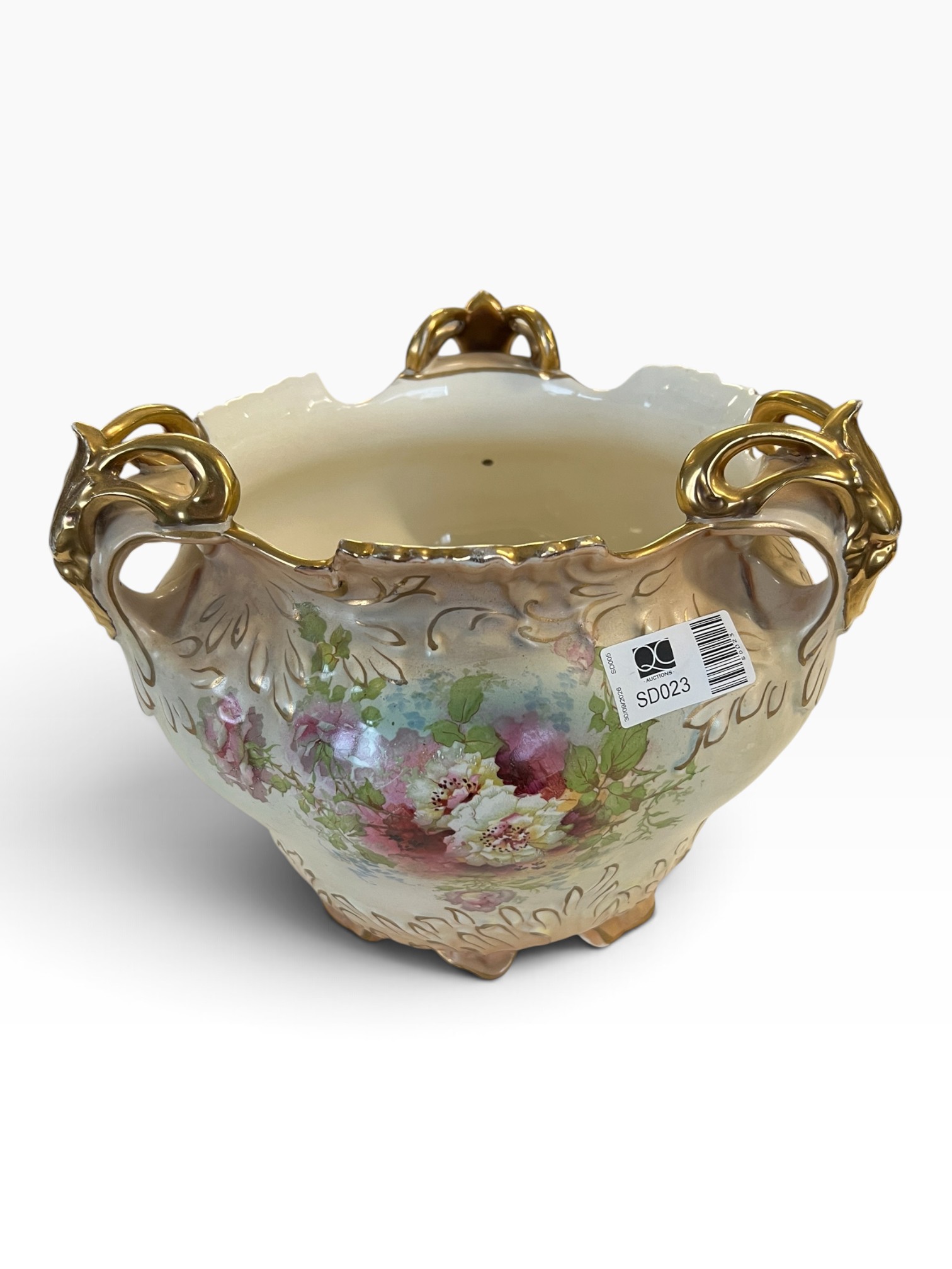 S. F. & Co. Royal Devon Antique Floral Jardinière with Gilt Handles