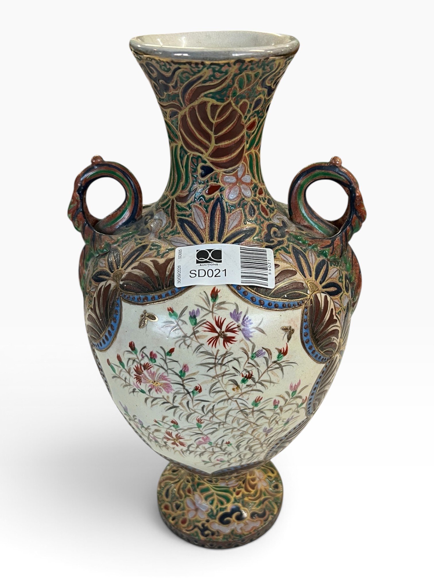 Large Japanese Satsuma-Style Twin-Handled Baluster Vase with Floral & Bird