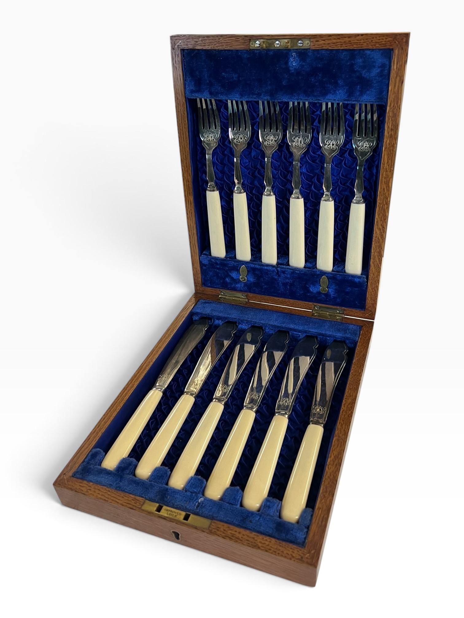 Cased Set of 12 Silver-Plated Fish Knives & Forks with Ivorine Handles