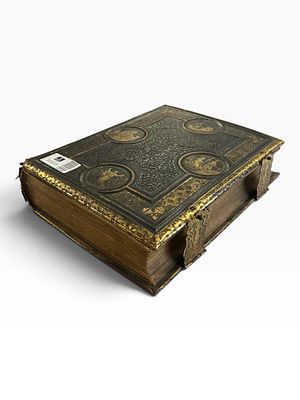 Victorian Illustrated Bible with Ornate Embossed &amp; Gilt Leather Binding, Brass Clasps &amp; 