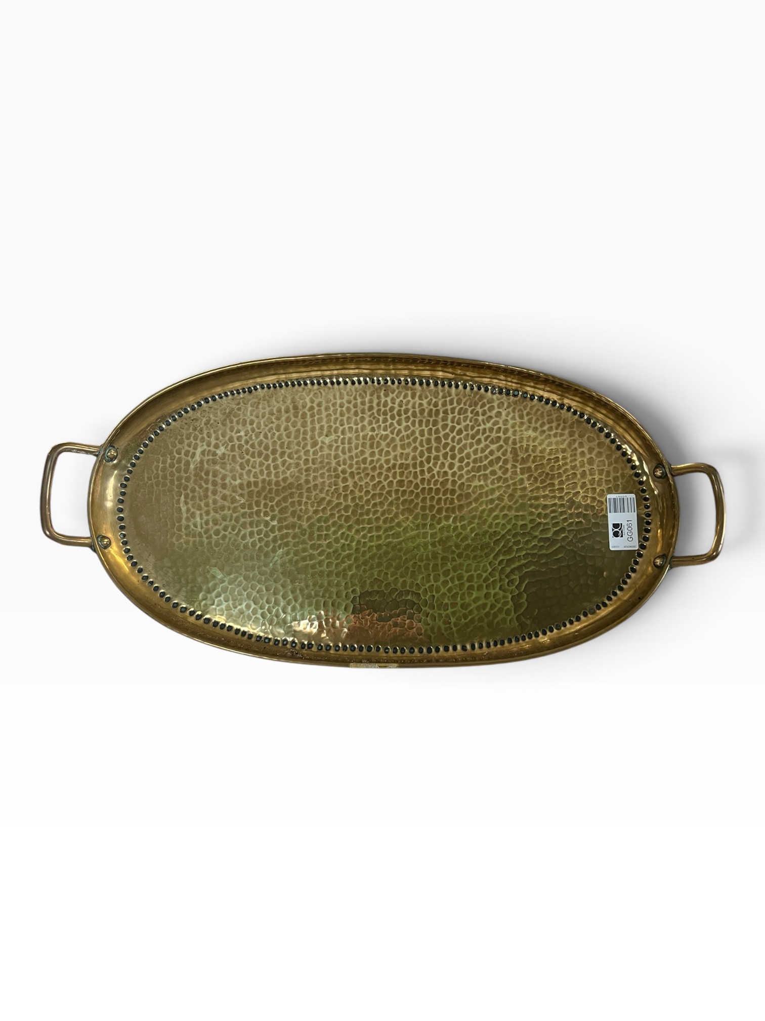 Antique Arts & Crafts Hammered Brass Oval Serving Tray with Handles
