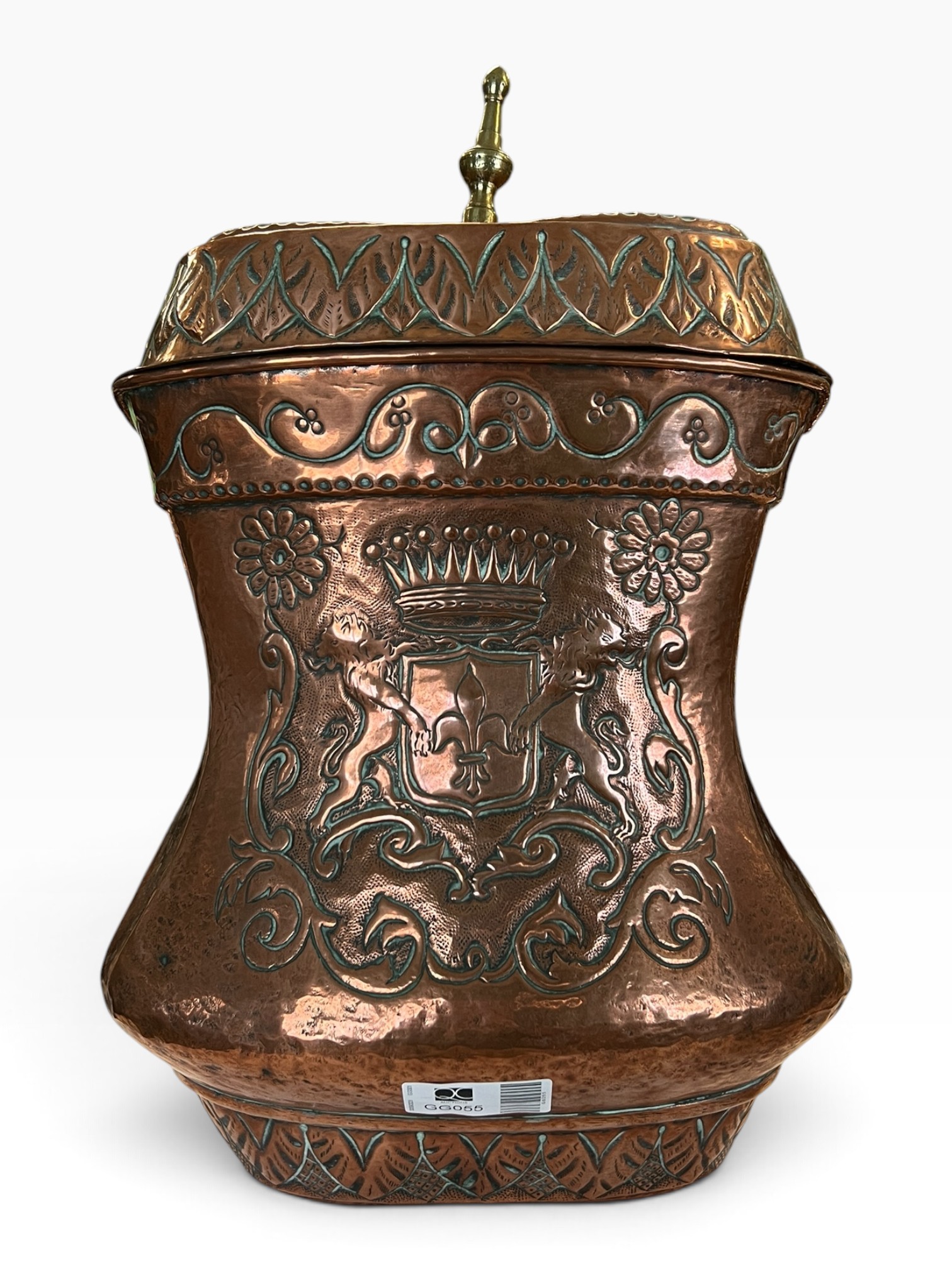 Large Baroque Revival Hammered Copper Hearth Bin