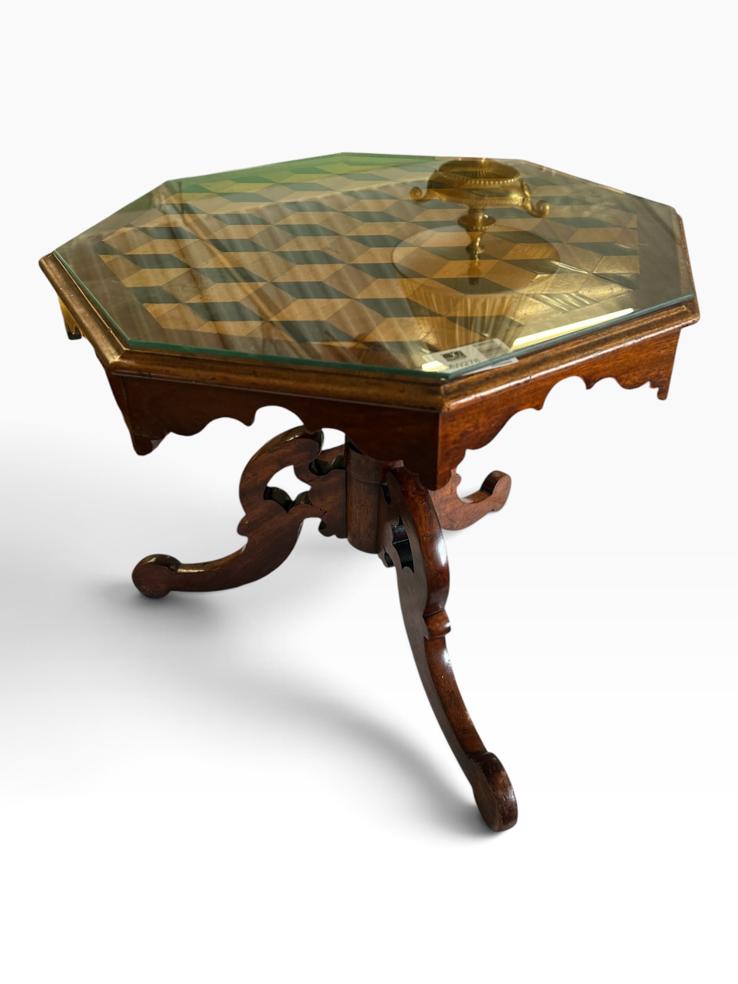 Walnut Occasional Table Trompe L'oeil Geometric Cube Inlay Glass Top Pedestal