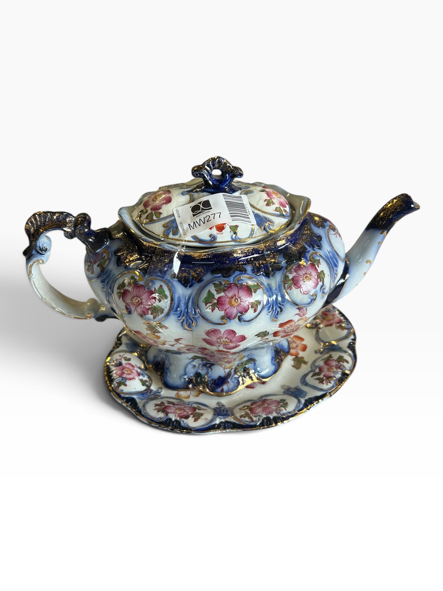 Flow Blue Teapot Set with Underplate Plate Chintz Gold Gilt Rococo Tea Pot