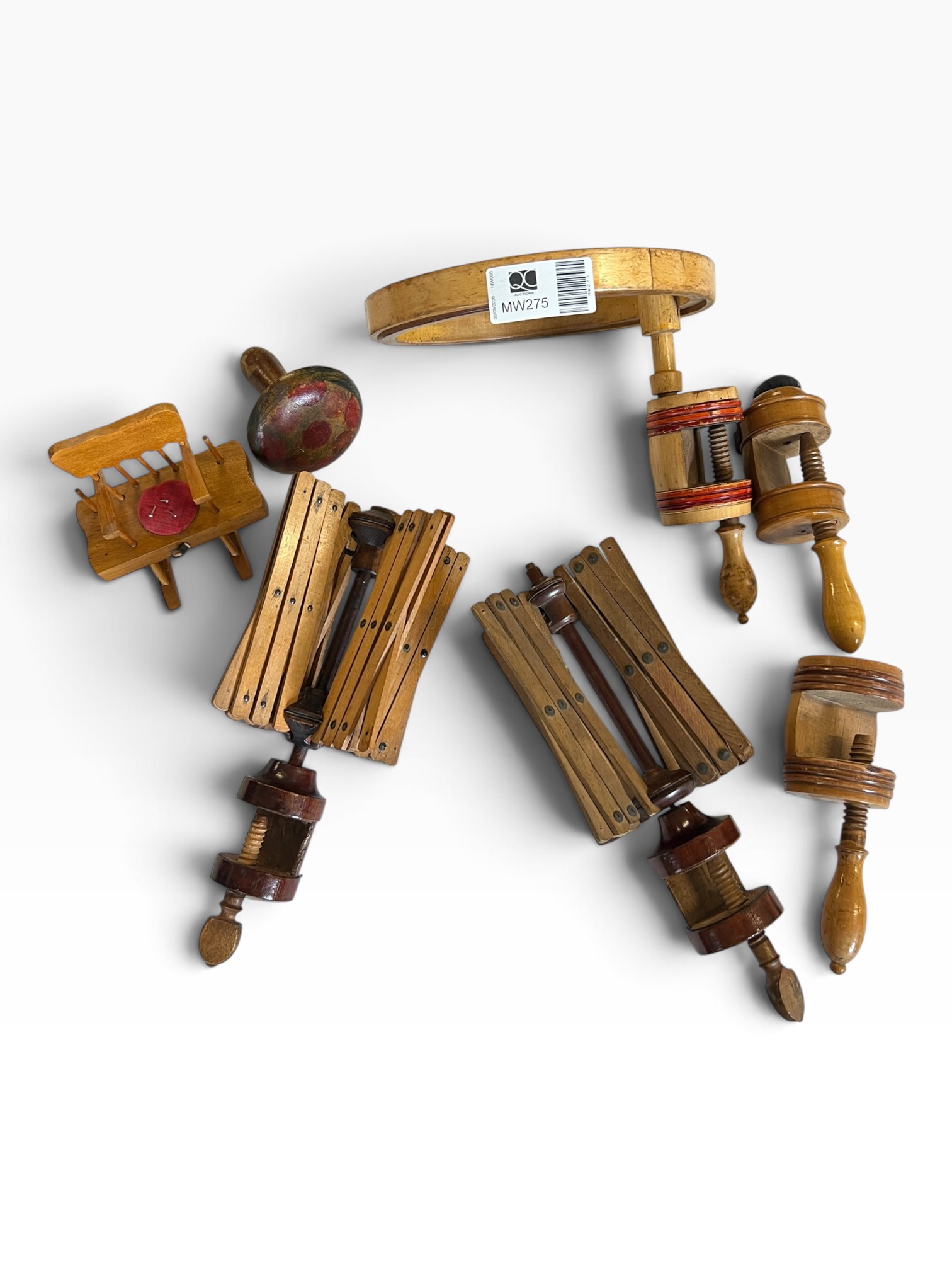 Antique Wooden Haberdashery Job Lot Umbrella Yarn Swifts & Table Clamps