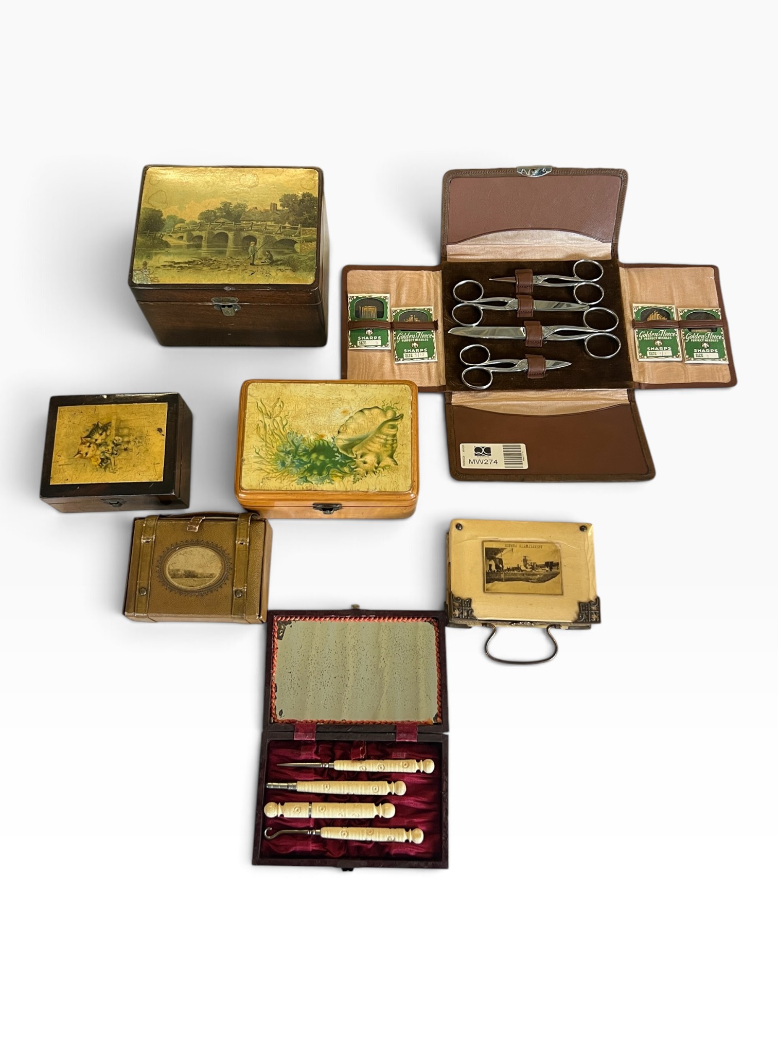 Vintage Sewing Box Lot Folding Haberdashery Case Scissors Needles Manicure Set
