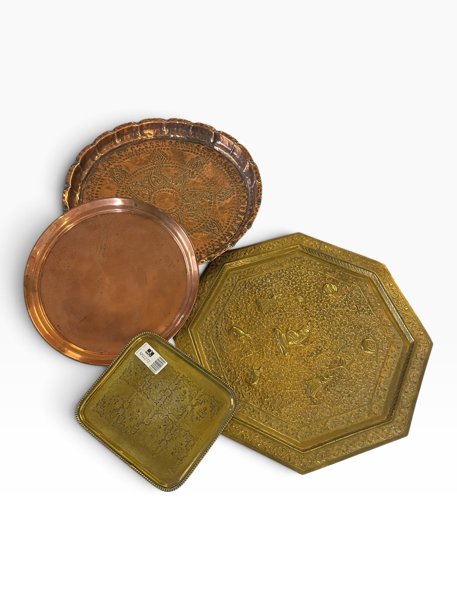 Vintage Brass Copper Serving Trays Lot Octagonal Round Square Chased Islamic
