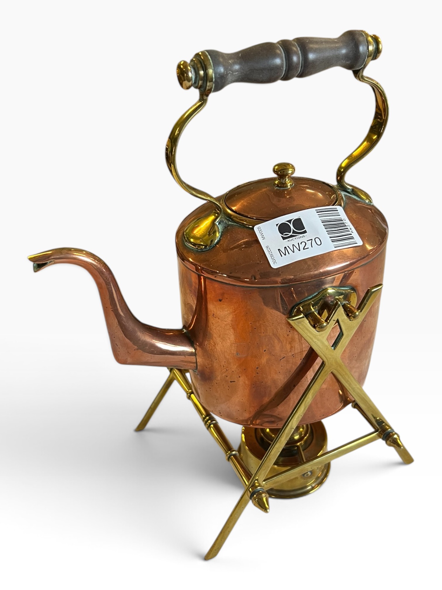 Vintage Copper Tea Kettle Brass Tilting Stand Spirit Burner Lamp Wood Handle Set