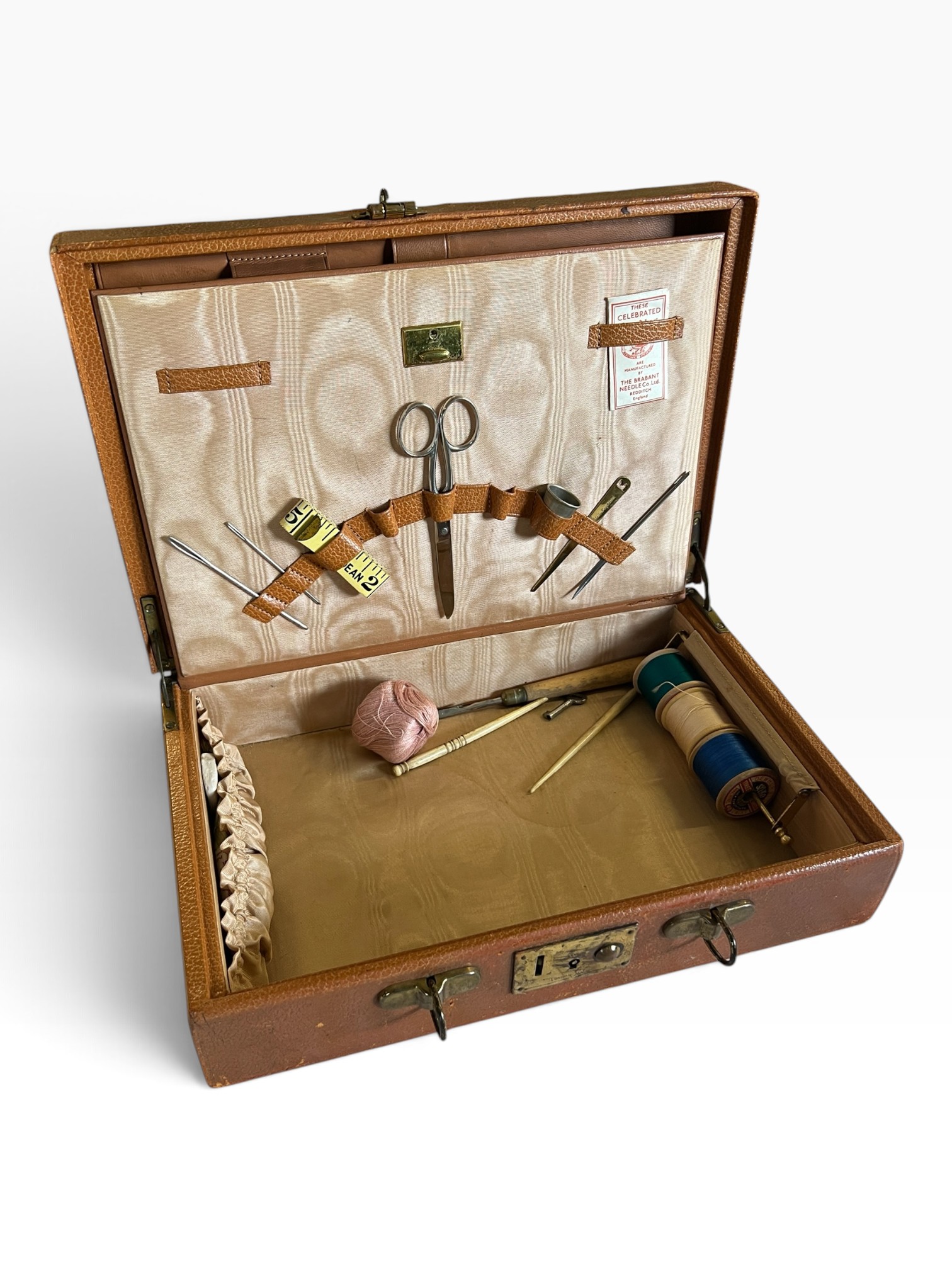 Antique Leather Writing Desk Vanity Box Fitted Sewing Companion Kit Scissors