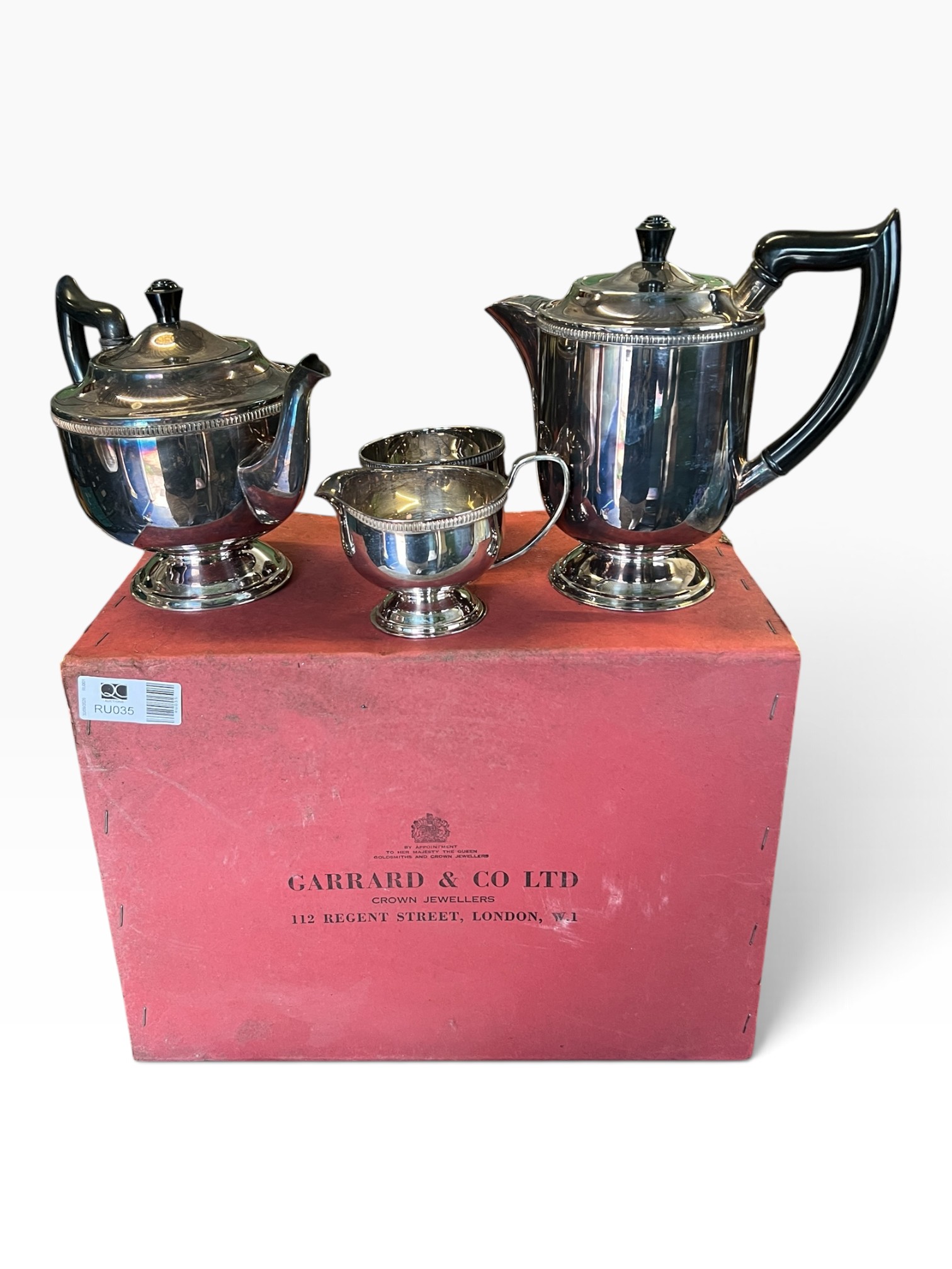 Garrard & Co Crown Jewellers Silver Plate Tea Set, Neoclassical Style, Boxed