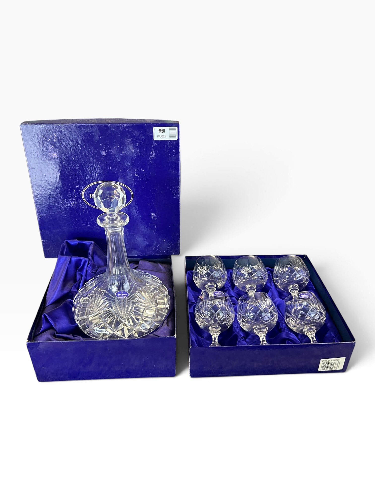 Boxed Royal Doulton Crystal "Dorchester" Ships Decanter & 6 Brandy Glasses