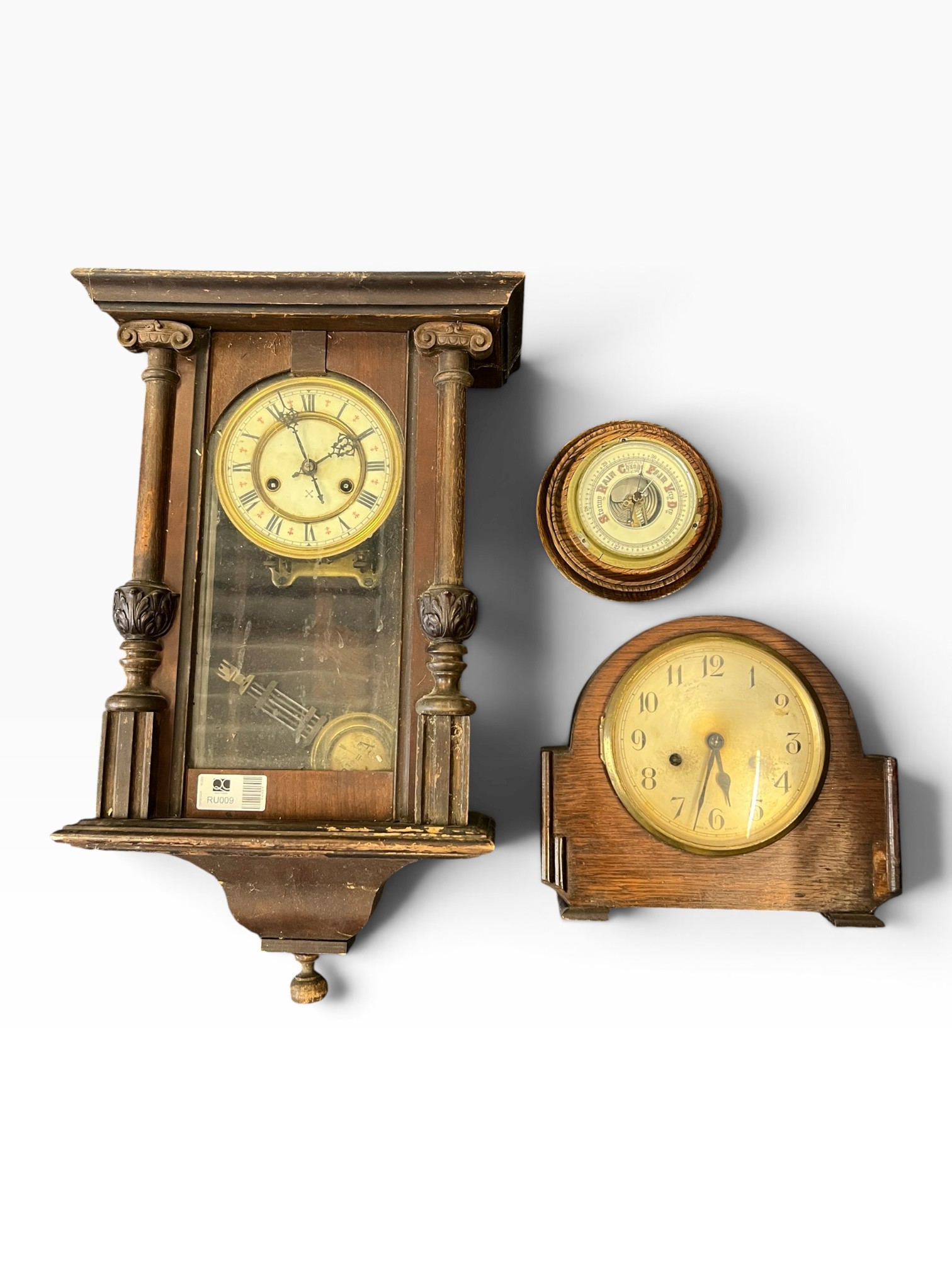 Antique Horology Job Lot: Vienna Style Wall Clock, Oak Mantel Clock & Barometer