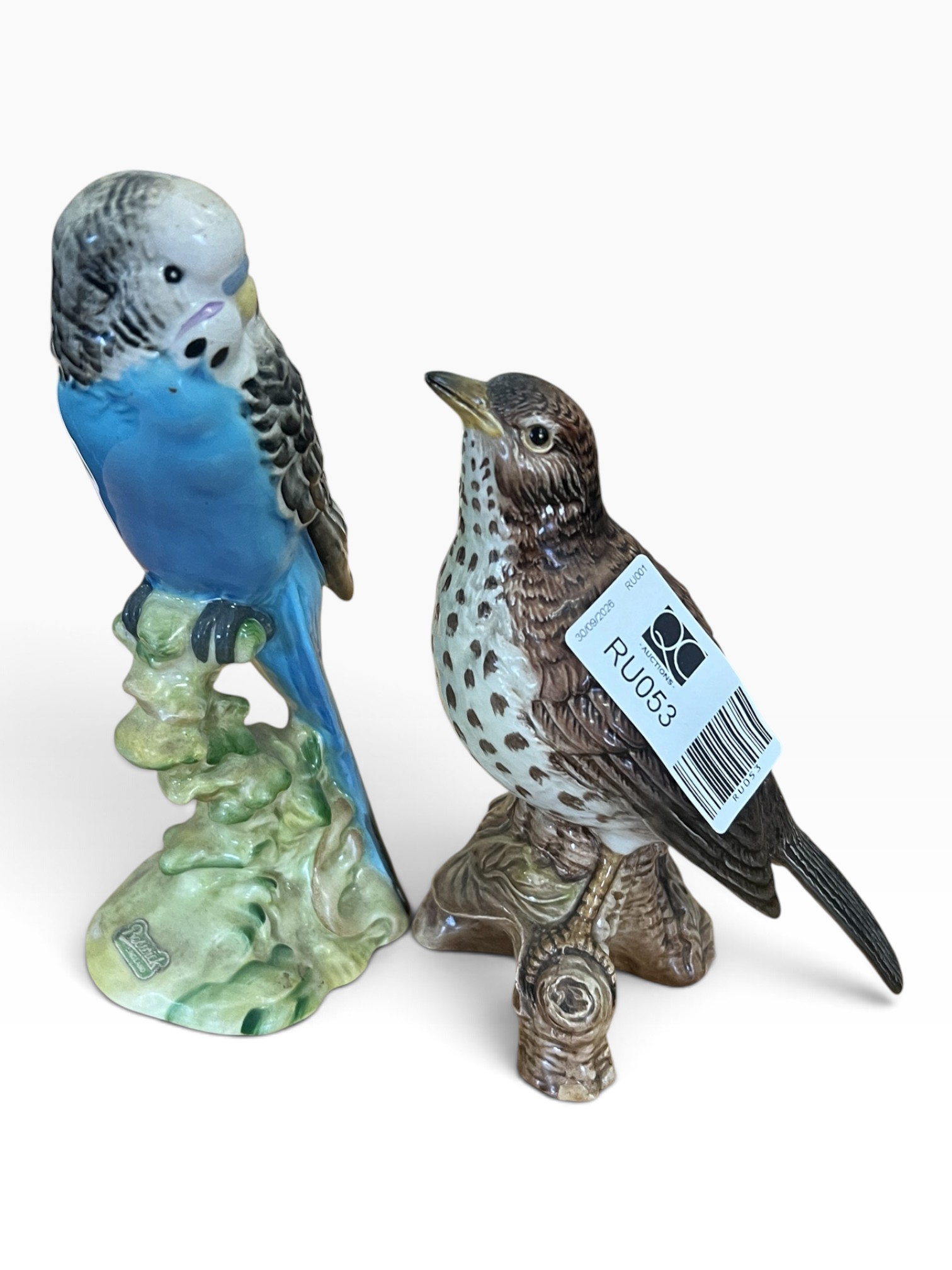 Pair of Vintage Beswick Bird Figurines - Blue Budgerigar 1216 & Song Thrush 2308