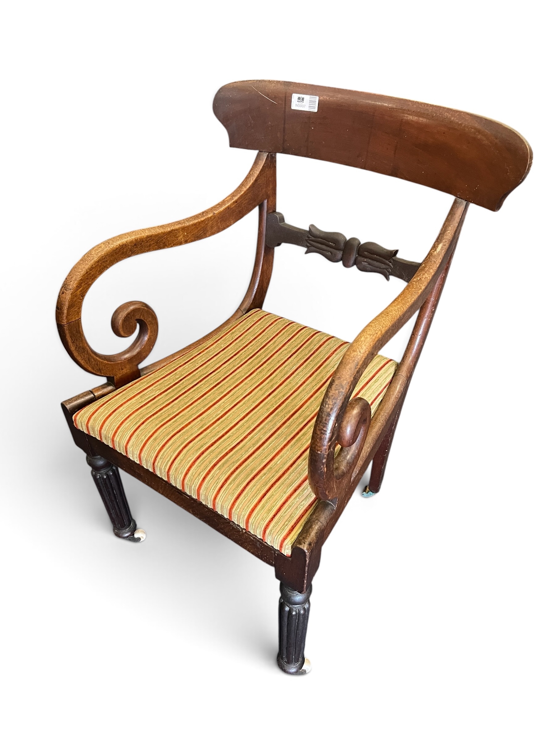 19th Century Style Mahogany Open Armchair with Scroll Arms & Upholstered Seat