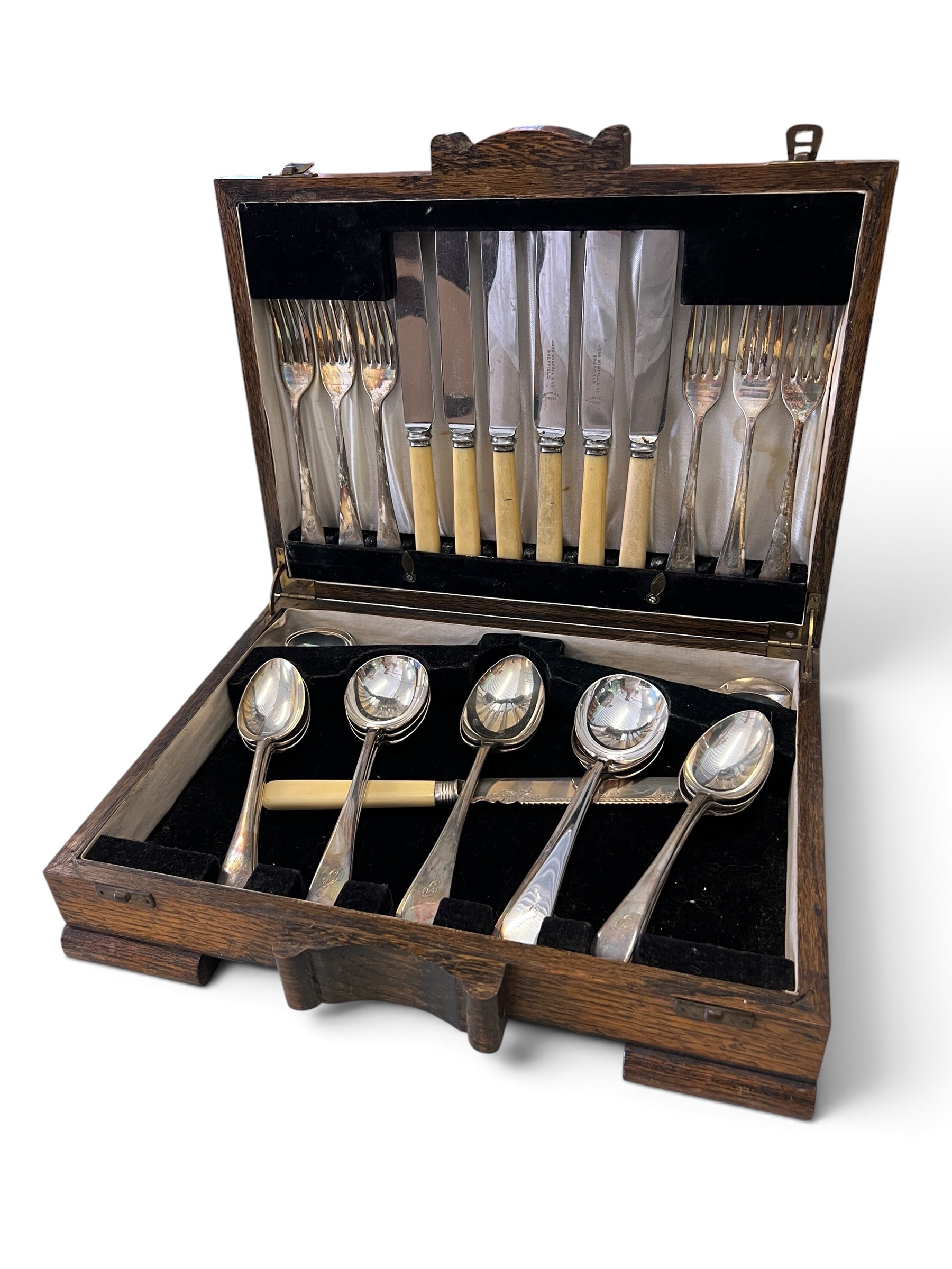 Oak Cased Part Cutlery Service with Faux-Ivory Handled Knives
