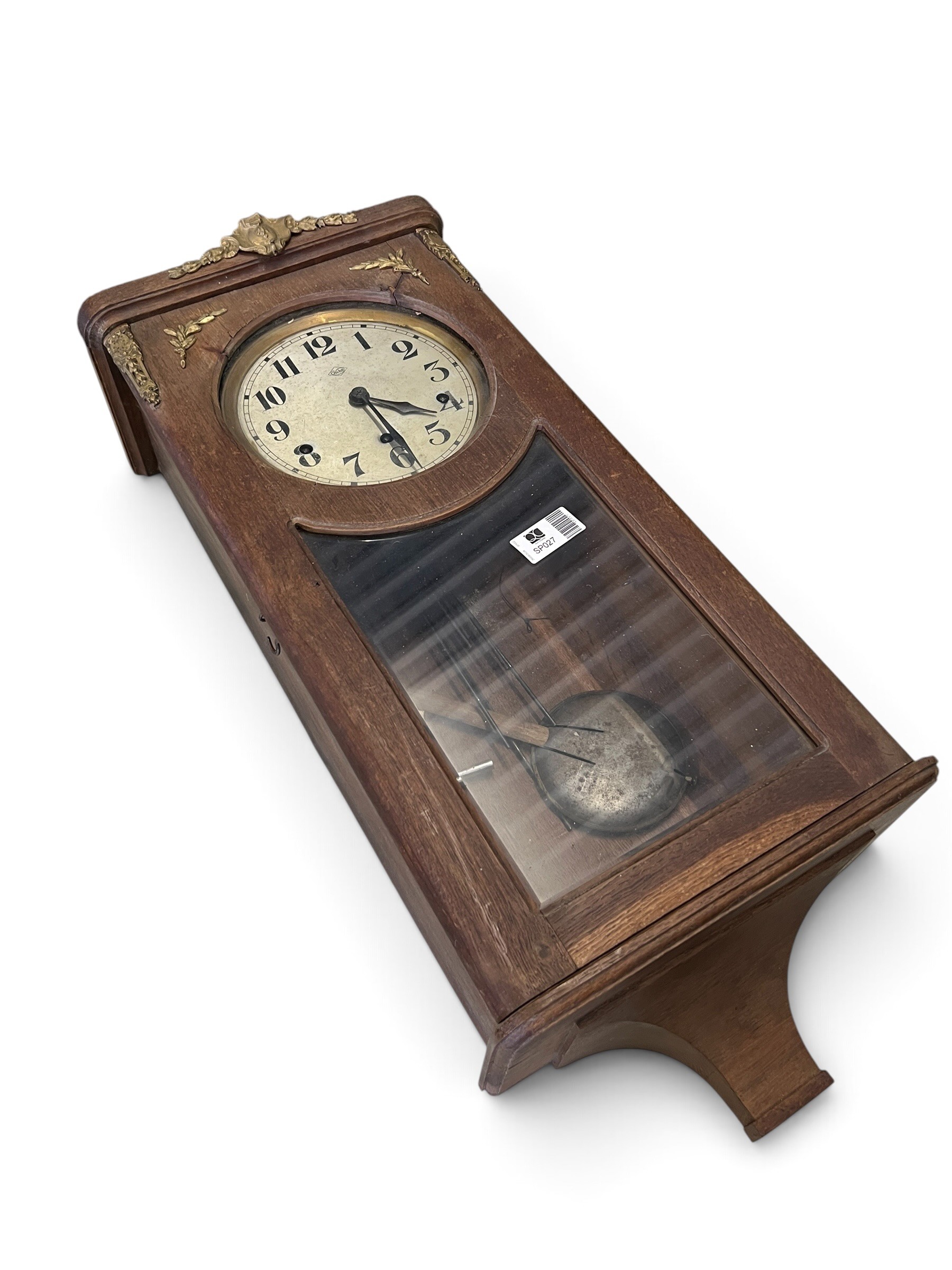 Early 20th Century Wooden Wall Clock with Pendulum & Brass Mounts