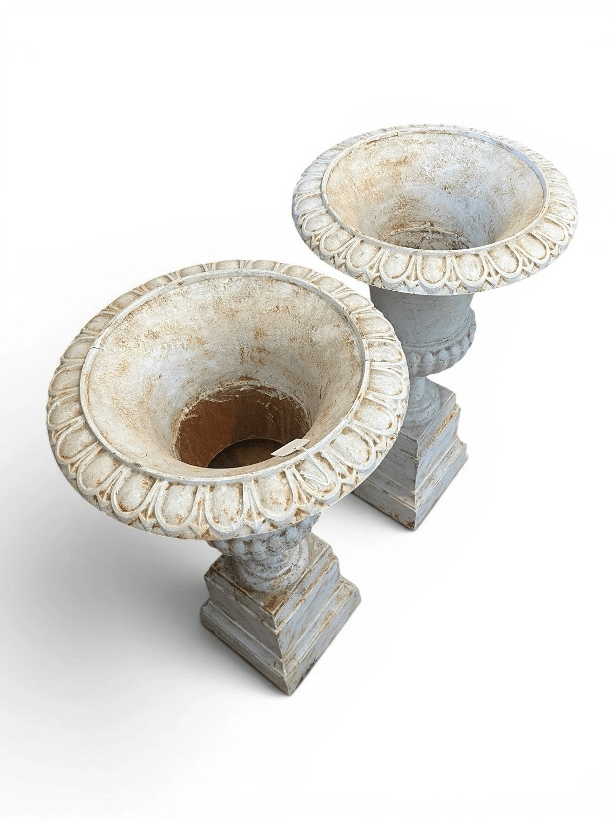 Large Pair of Vintage Classical Cast Iron Garden Urns on Pedestals – 88cm x 48cm