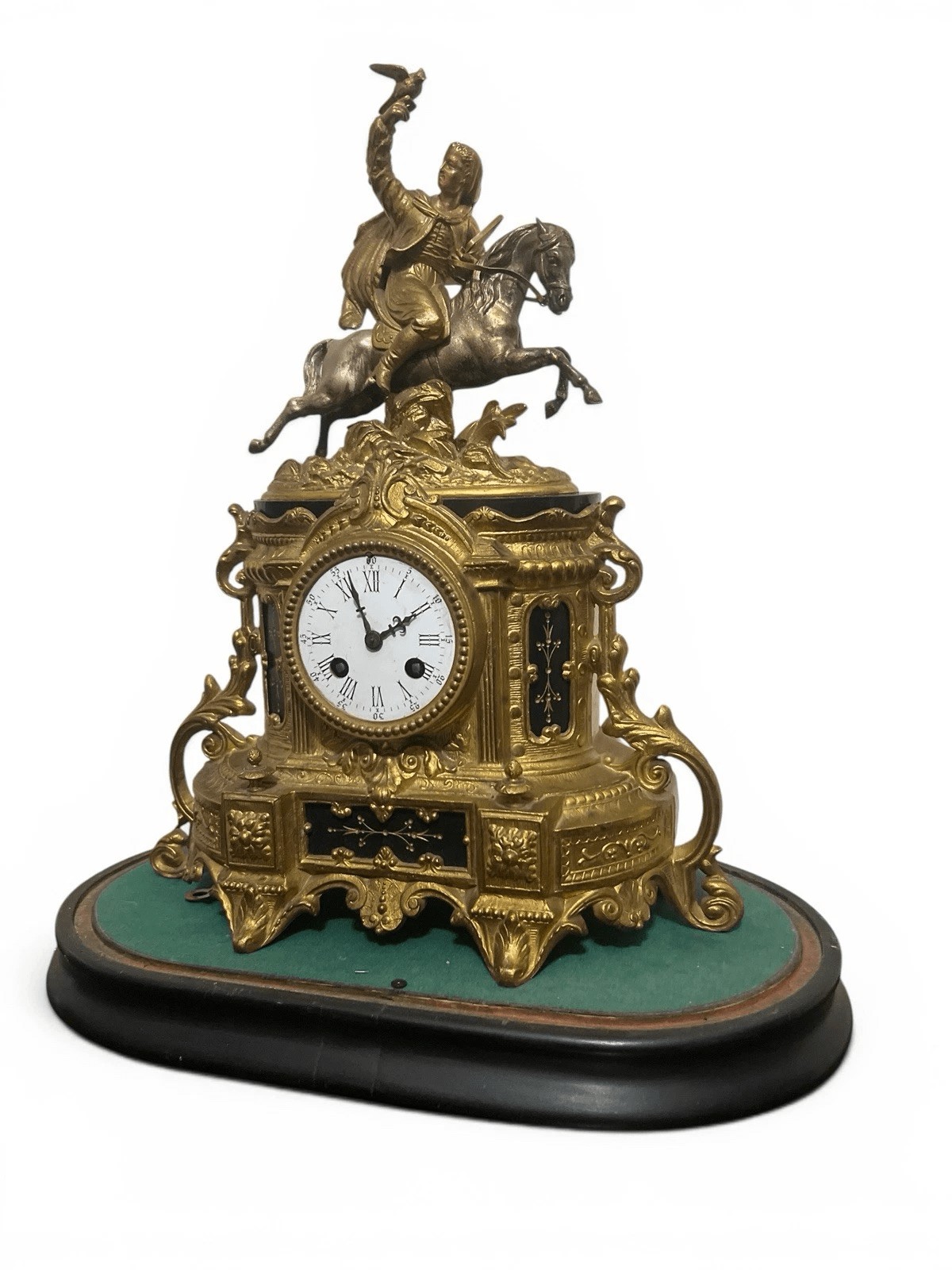 Antique French Gilt Mantel Clock Featuring a Figural Horse & Rider Beneath