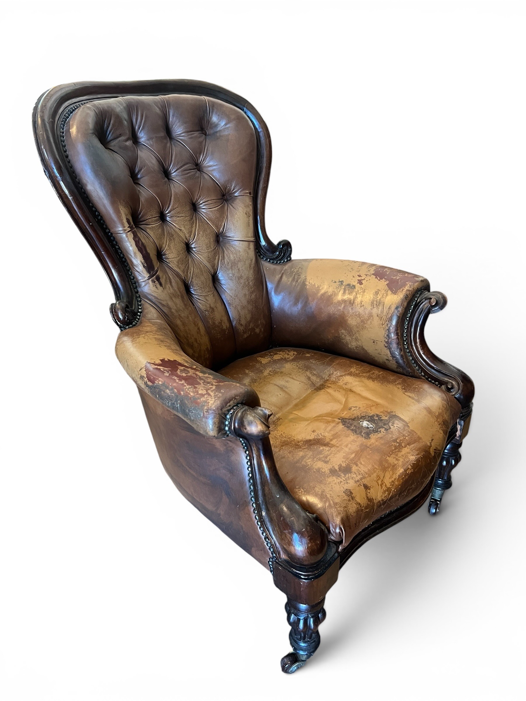 Large Victorian Button-Back Leather Wing Armchair / Library Chair
