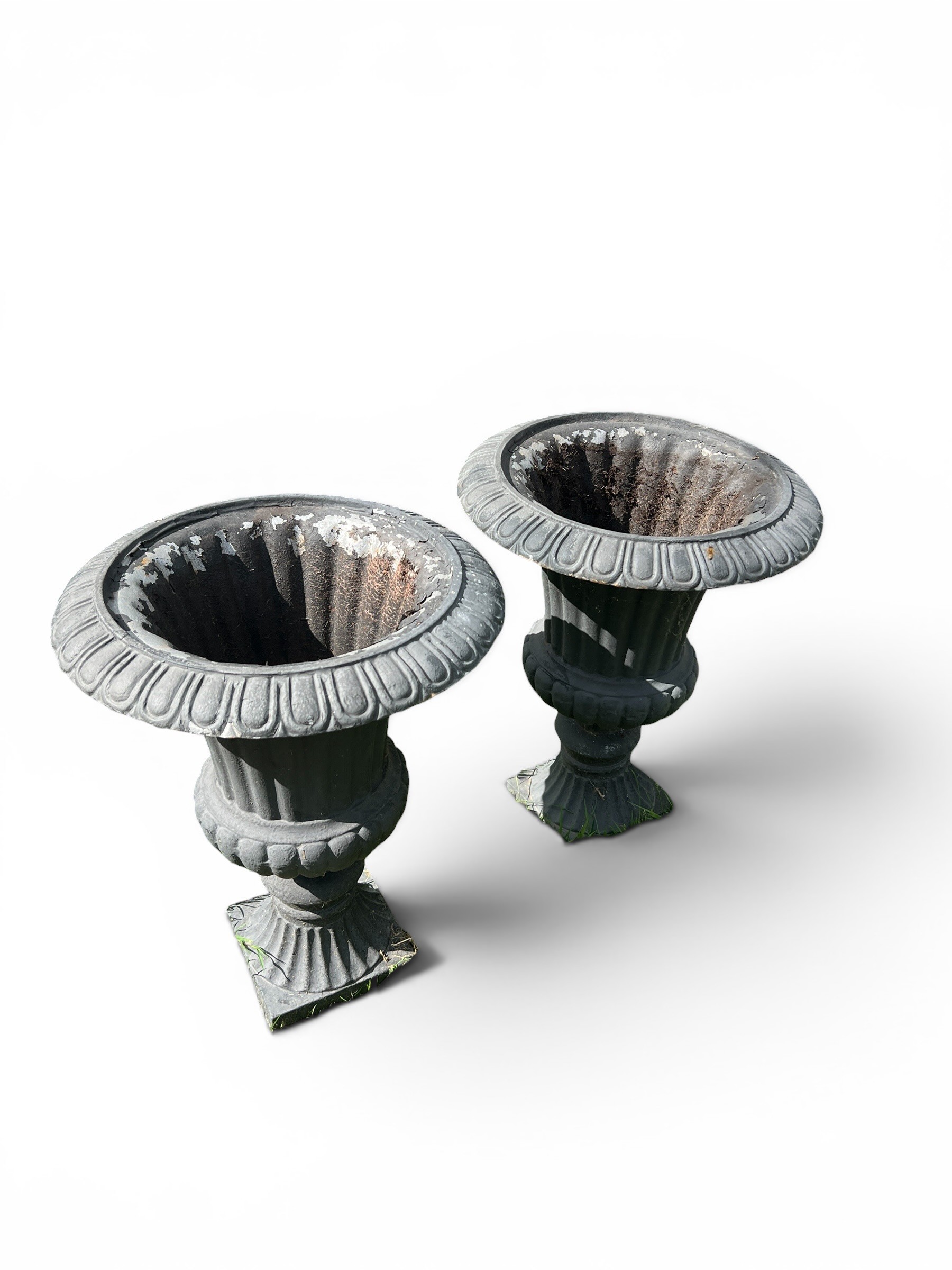 Pair of Large Black Cast Iron Vintage Neoclassical Style Garden Urns
