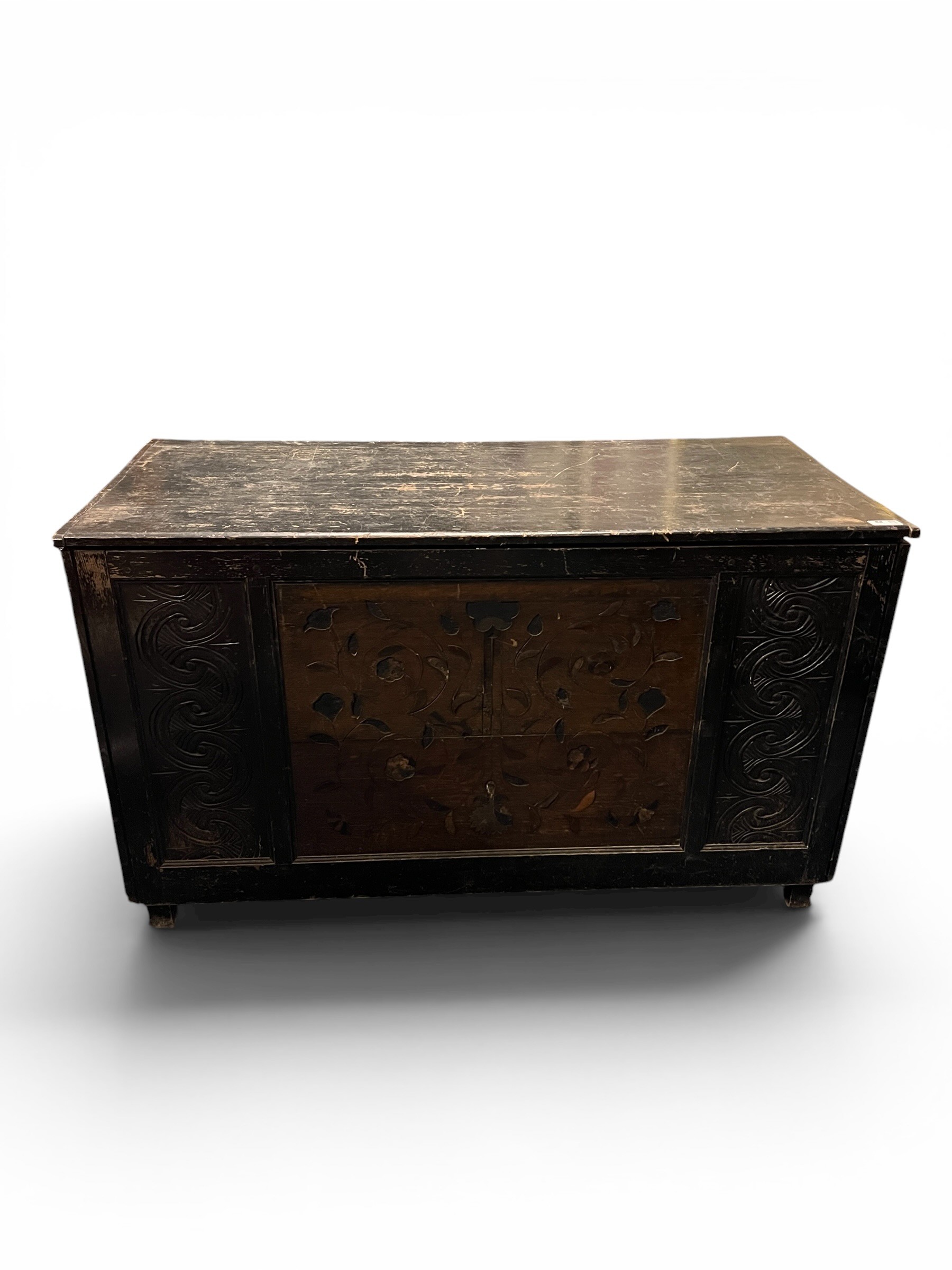 Stunning Antique Inlayed Oak Coffer with Elizabethan Centre Panel