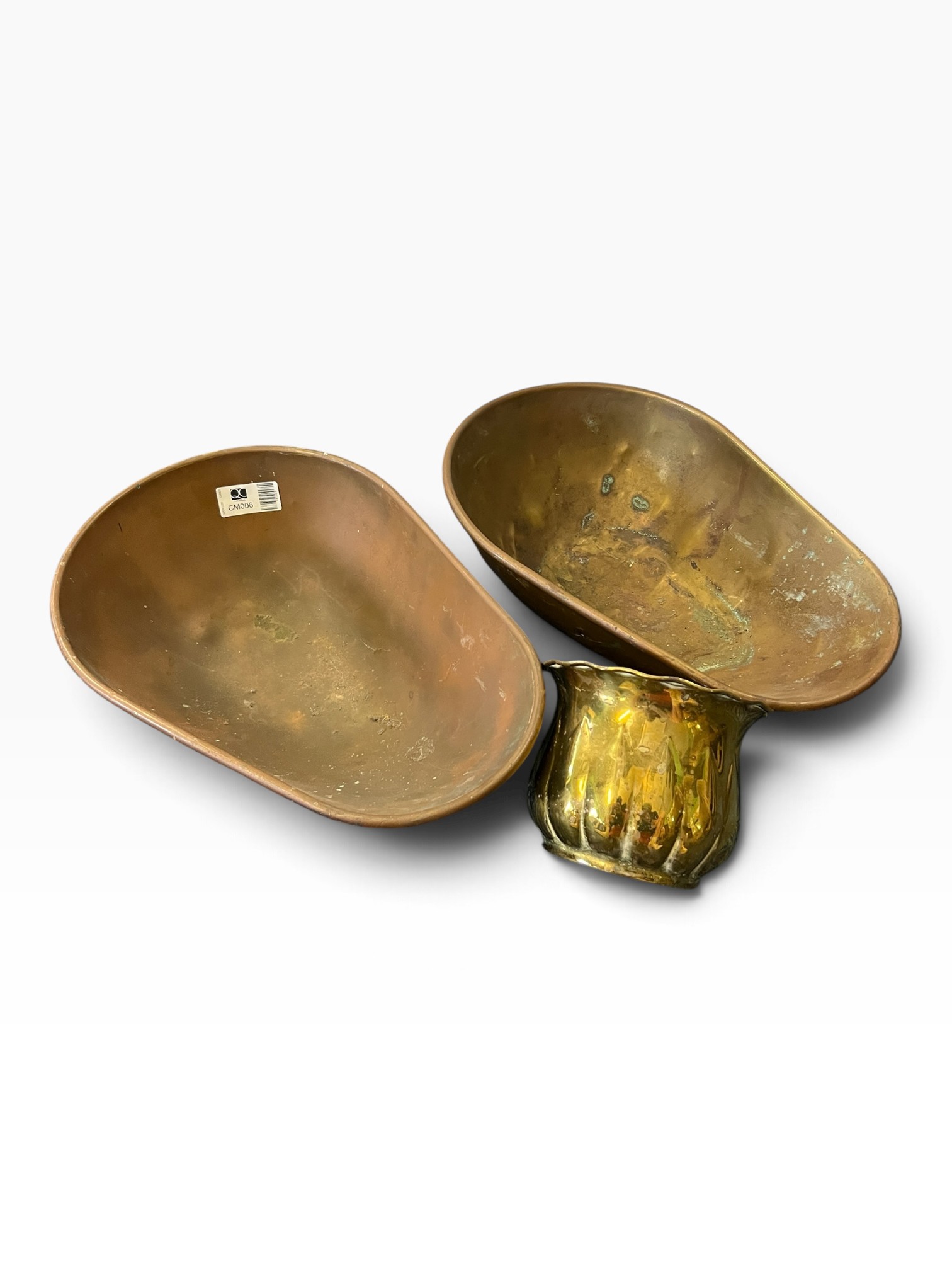 Pair of Antique Copper Shop Scale Pans & Vintage Brass Ribbed Planter / Cachepot