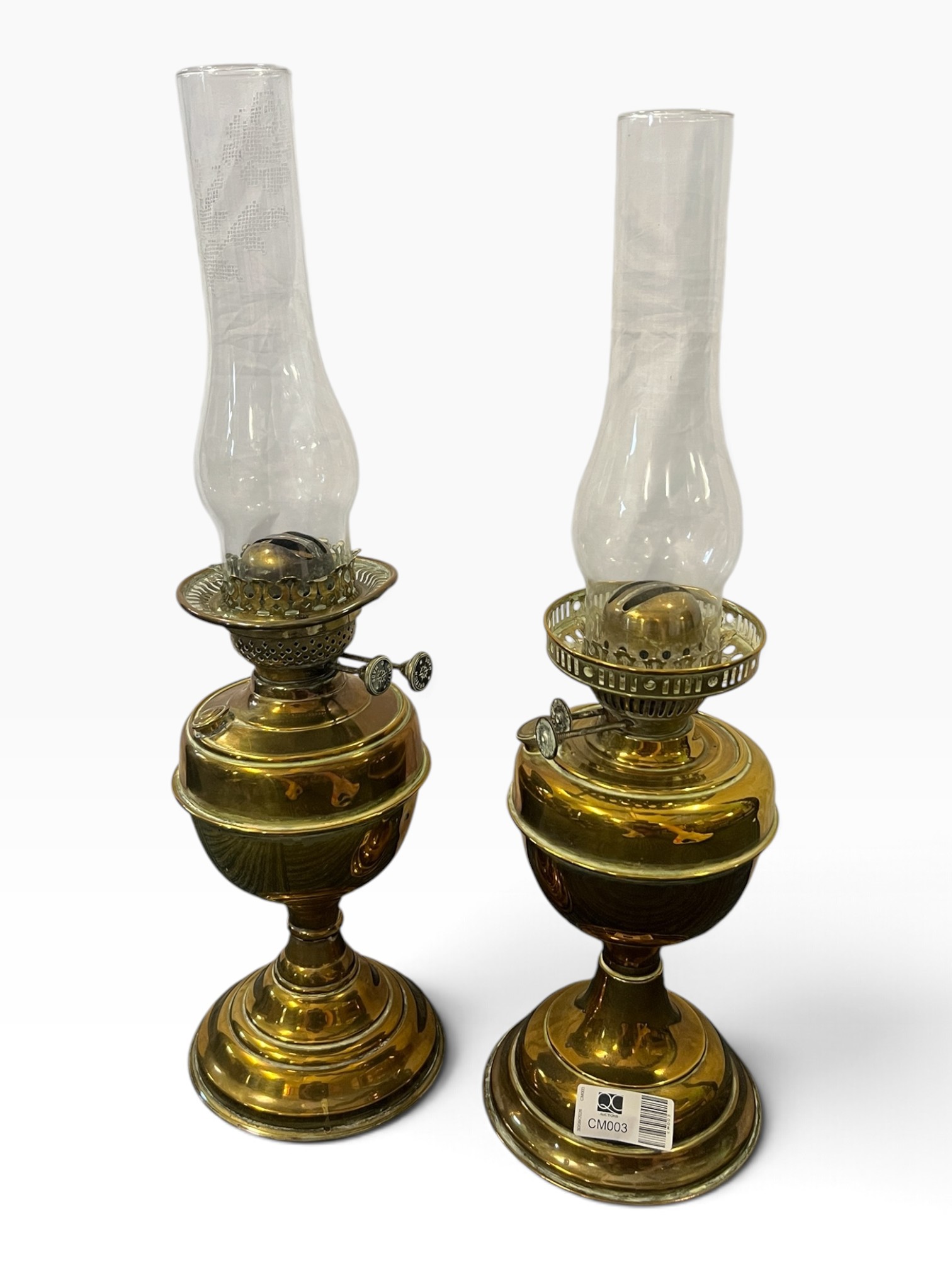 Pair of Vintage Brass Oil Lamps - Duplex Burner Style with Glass Chimneys