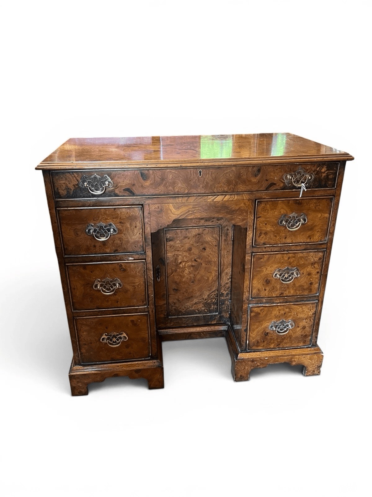 Vintage Burr Walnut Pedestal Writing Desk Featuring Seven Drawers