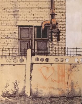 Лена Новоженина. У завода. 2018. Бумага, сангина, тушь, 26,5 &times; 20,5 см Елена Новоженина родилась 