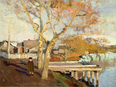 Бениамин Басов. Вечер на лодочной. 1951. Картон, масло, 33,5 &times; 43 см. В раме Бениамин Матвеевич 