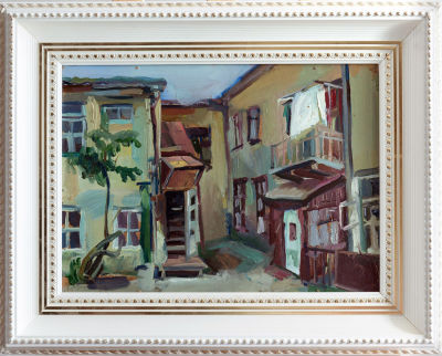 Май Данциг. Дворик. 1971. ДВП, масло, 30 &times; 41 см. В раме Май Вольфович Данциг (1930 — 2017) — 