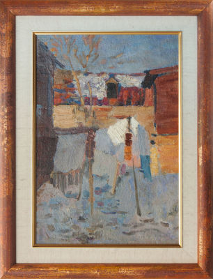 Май Данциг. Старый дворик. Весна. 1951. Холст на картоне, масло, 35 &times; 24 см. В раме Май 