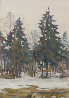 Евсей Решин. Зимний лес. 1970. Картон, масло, 48 &times; 33 см Евсей Исаакович Решин (1916 — 1978) 