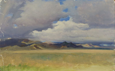 Евсей Решин. Тучи над Танчу-Ола. 1954. Картон, масло, 31 &times; 50 см. Осыпи красочного слоя по 