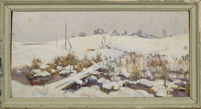 Евсей Решин. Зима. Сенеж. 1956. Картон, масло, 17 &times; 32,5 см. В авторской старой раме. 