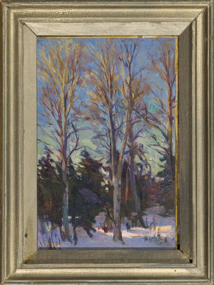 Евсей Решин. Зимнее солнце. Березы. 1959. Картон, масло, 21 &times; 15 см. В авторской старой раме 