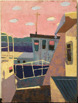 Лена Новоженина. Речной порт. 2016. Оргалит, масло, 50 &times; 40 см. Повреждения краев Елена 