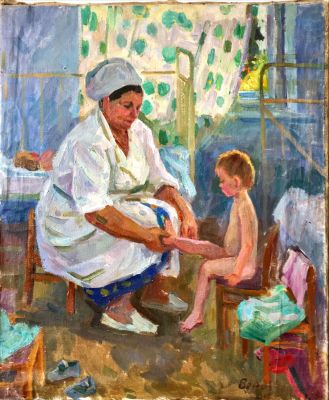 Надежда Воробьева. В яслях. 1985. Холст, масло, 72 &times; 60 см. В авторской раме.Надежда Дмитриевна 