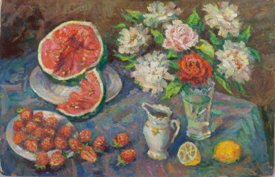 Борис Пинхосович. Натюрморт с арбузом. 1950-60-е. Оргалит, масло, 50 &times; 80 см.Борис Анисимович 