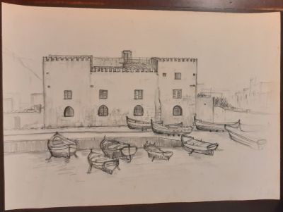 Disegni e bozzetti. 1900 years 30? Palermo view of the Palace with boats. Signature G. Gentile? 