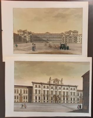 Prints. 1827 Italian Palaces, 2 finely watercolor prints, cm. 34x24 / 35x24 including margins. 