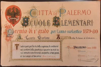 Prints. 1881 PALERMO DIPLOMA ELEMENTARY SCHOOLS, cm. 49X33 color print with city crest and 