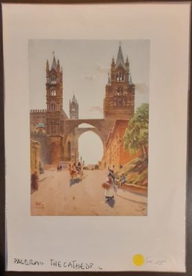 Prints. Early 1900 - PALERMO Via M. Bonello and the Cathedral, cm. 10x15 (15x22) color print. 