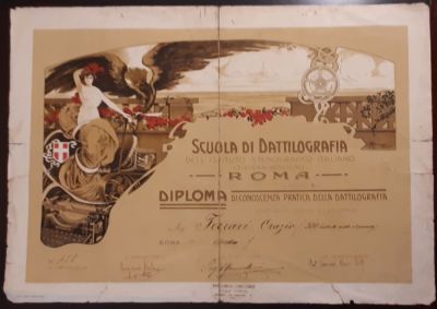 Prints. 1917 ROME DIPLOMA TYPING SCHOOL, cm. 47,5x34 (including margins), color print, MOROZZO 